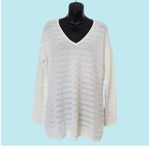 Cache White Lightweight Long Sleeve Stretch Mesh Stripe V-Neck Top Shirt Size XL